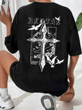 Women'WB shield Cross & Bird Print Drop Shoulder Tee, Casual Graphic Half Sleeve Round Neck T-Shirt for Daily Wear,...