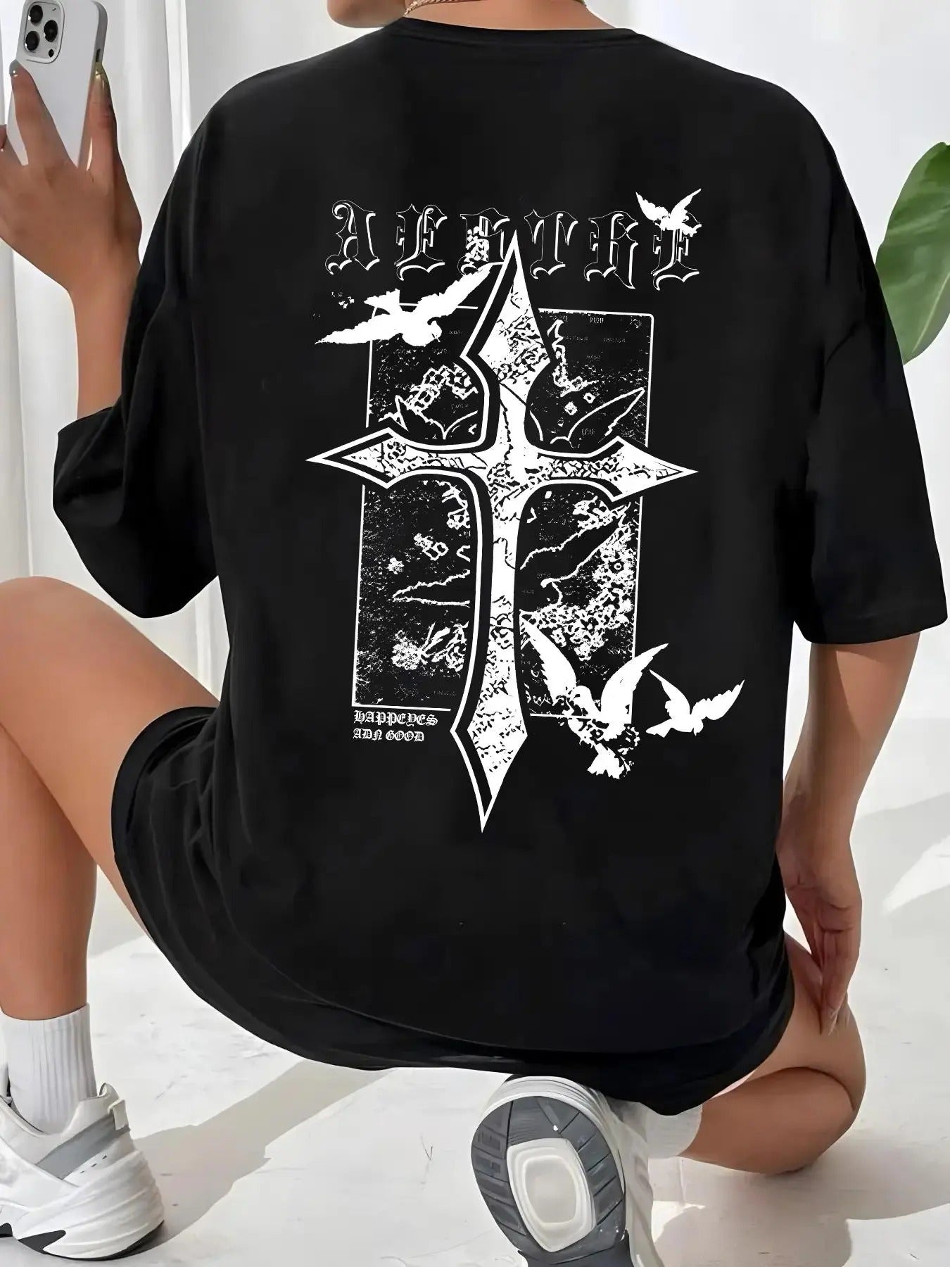 Women'WB shield Cross & Bird Print Drop Shoulder Tee, Casual Graphic Half Sleeve Round Neck T-Shirt for Daily Wear,...