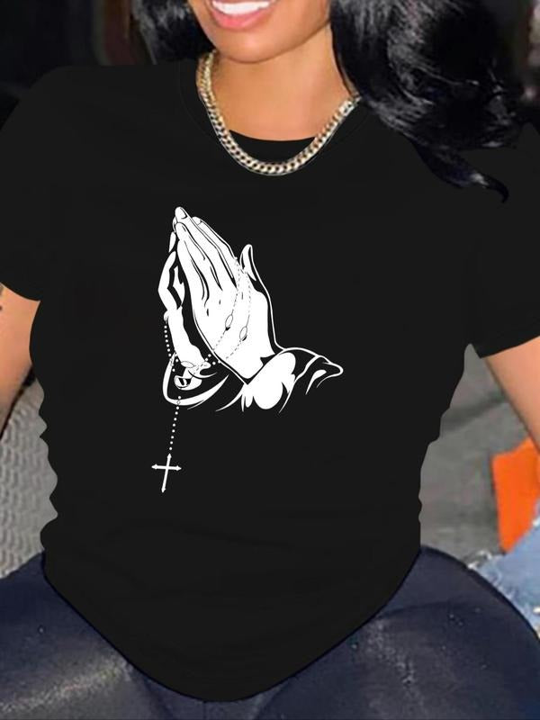 Women'WB shield Cross & Hand Print Round Neck Tee, Casual Short Sleeve Crew Neck T-shirt for Summer, Fashion Women'WB...
