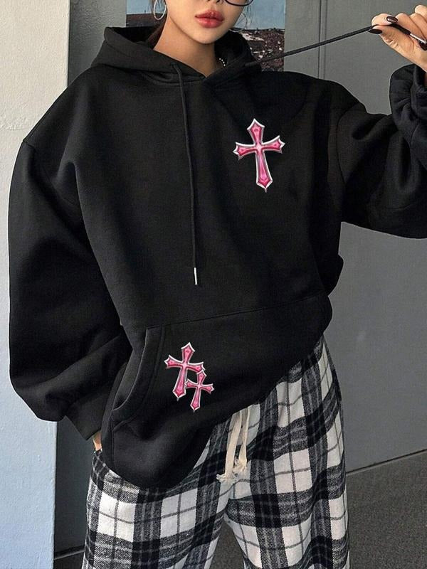Women'WB shield Cross & Heart Print Drop Shoulder Hoodie, Fashion Casual Drawstring Pocket Hooded Sweatshirt for Daily...