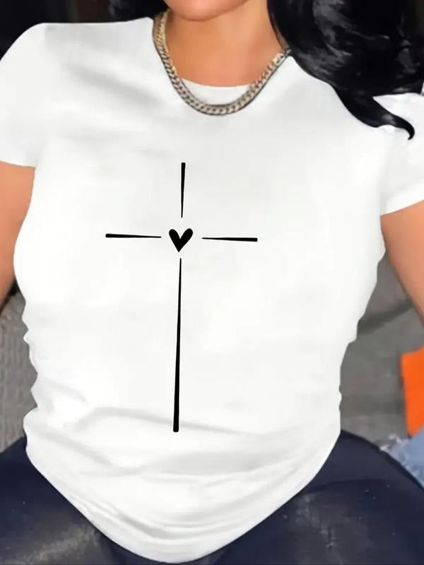 Women'WB shield Cross & Heart Print Round Neck Tee, Casual Graphic Crew Neck Short Sleeve T-Shirt for Summer, Ladies TNF...
