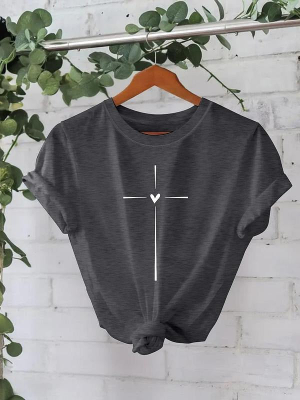 Women'WB shield Cross & Heart Print Round Neck Tee, Casual Short Sleeve Crew Neck T-shirt for Summer, Fashion Women'WB...