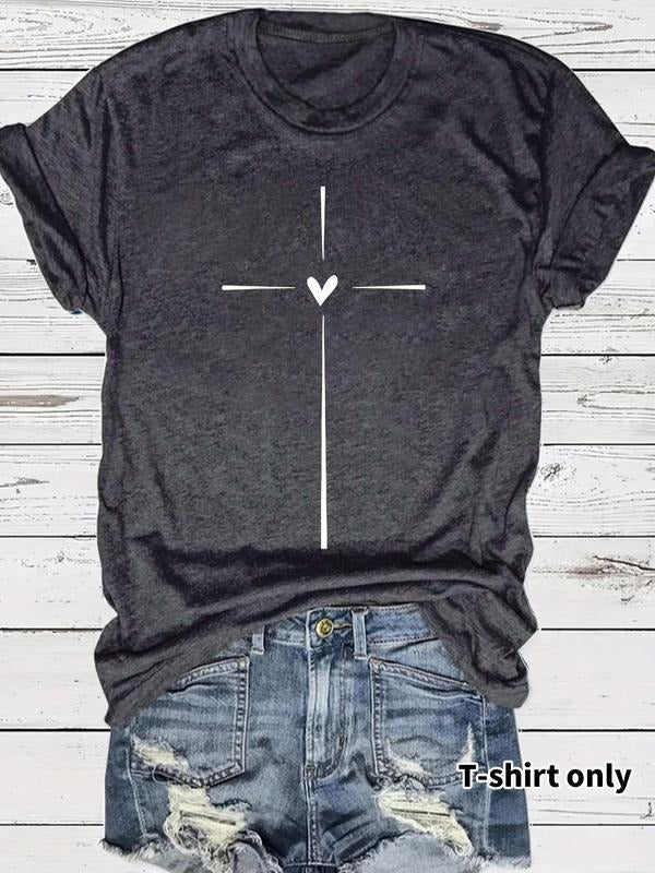 Women'WB shield Cross & Heart Print Round Neck Tee, Casual Short Sleeve Crew Neck T-shirt for Summer, Fashion Women'WB...