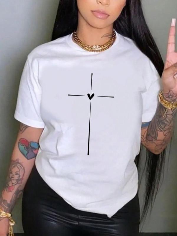 Women'WB shield Cross & Heart Print Round Neck Tee, Graphic Tees Women, Fashion Casual Crew Neck Short Sleeve T-shirt for...