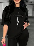Women'WB shield Cross & Letter Print Drop Shoulder Tee, Casual Half Sleeve Round Neck T-shirt for Daily Wear, Graphic...