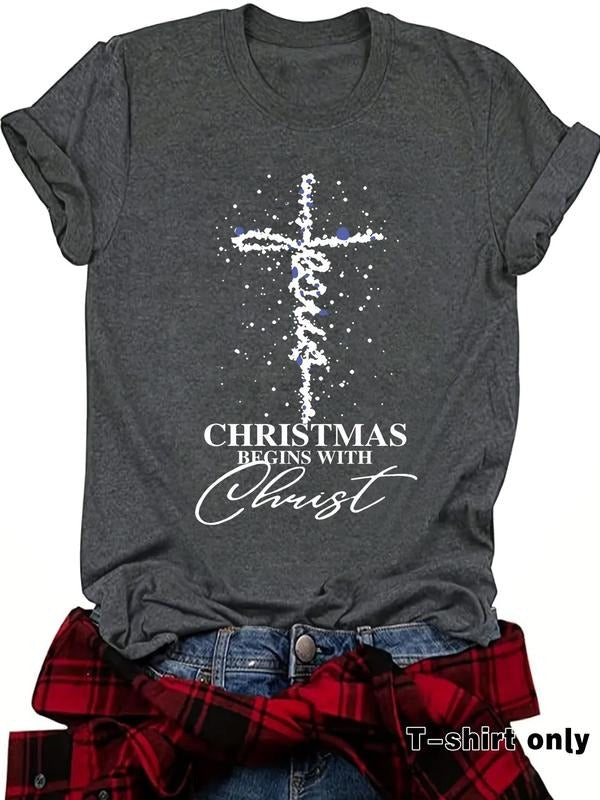 Women'WB shield Cross & Letter Print Round Neck Tee, Casual Short Sleeve Crew Neck T-shirt for Spring, Ladies TNF for...