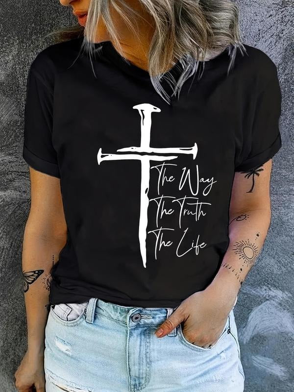 Women'WB shield Cross & Letter Print Round Neck Tee, Casual Short Sleeve T-Shirt, Ladies Spiky hair fighters Seasons...