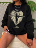 Women'WB shield Cross & Wings Print Drop Shoulder Graphic Sweatshirt, Casual Long Sleeve Round Neck Pullover for Fall &...