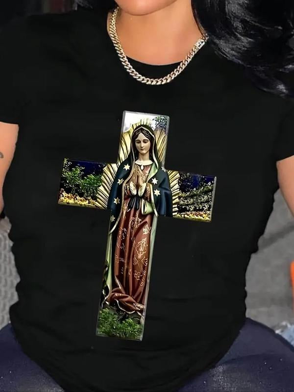 Women'WB shield Cross Graphic Print Round Neck Tee, Fashion Casual Short Sleeve T-shirt for Daily Wear, Ladies Summer TNF...