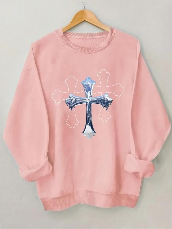 Women'WB shield Cross Print Crew Neck Sweatshirt, Casual Long Sleeve Pullover for Fall & Winter, Women'WB shield TNF for...