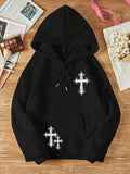 Women'WB shield Cross Print Drop Shoulder Drawstring Hoodie, Fashion Casual Kangaroo Pocket Hooded Sweatshirt for Daily...