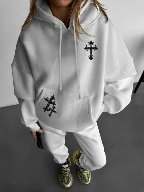 Women'WB shield Cross Print Drop Shoulder Hoodie, Fashion Casual Drawstring Pocket Hooded Sweatshirt for Daily Holiday...