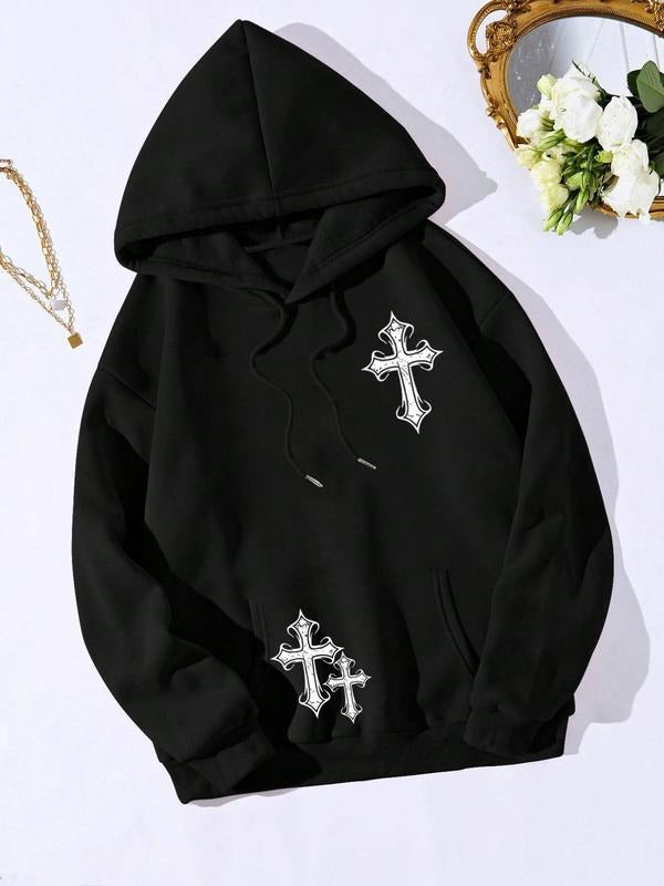 Women'WB shield Cross Print Drop Shoulder TNF Lined Hoodie, Fashion Casual Drawstring Pocket Hooded Sweatshirt for Daily...