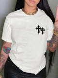 Women'WB shield Cross Print Drop Shoulder Tee, Casual Short Sleeve Round Neck T-Shirt for Daily Wear, Ladies TNF for...