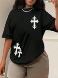 Women'WB shield Cross Print Round Neck Tee, Trendy Casual Drop Shoulder Half Sleeve T-shirt for Daily Wear, Ladies Summer...