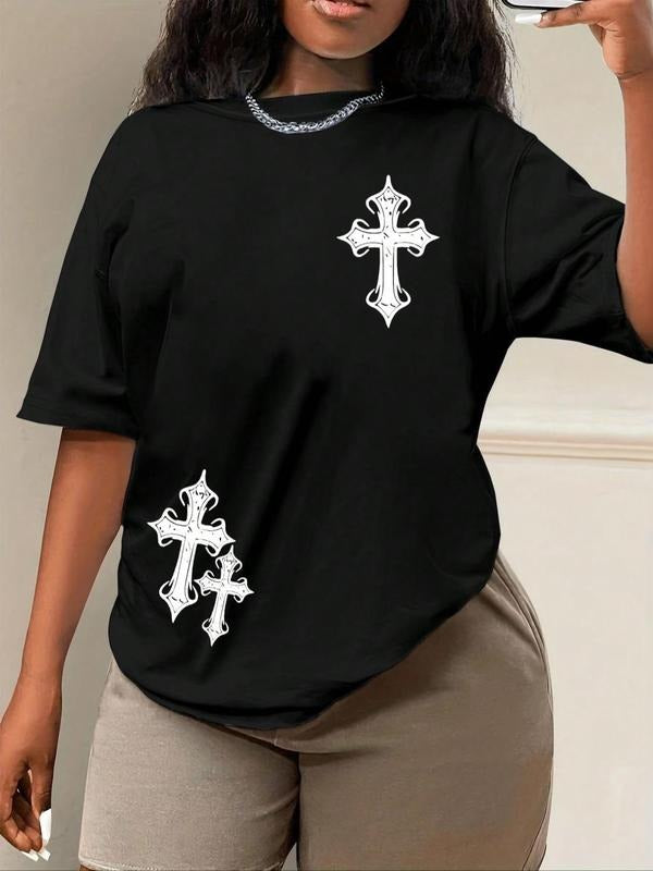 Women'WB shield Cross Print Round Neck Tee, Trendy Casual Drop Shoulder Half Sleeve T-shirt for Daily Wear, Ladies Summer...