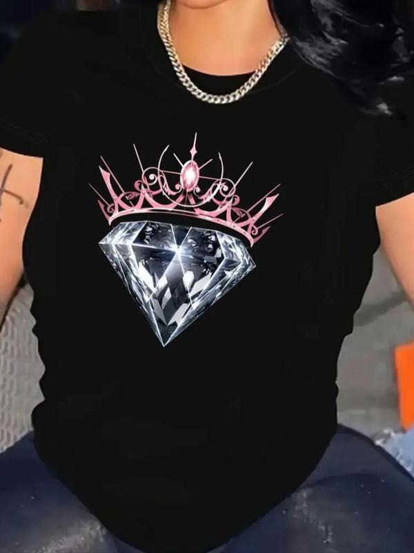 Women'WB shield Crown & Diamond Graphic Tee, Fashion Casual Short Sleeve T-shirt for Daily Wear, Ladies Summer TNF...