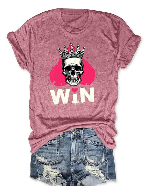 Women'WB shield Crown & Skeleton Print Round Neck Tee, Fashion Casual Crew Neck T-Shirt for Daily Holiday Vacation...