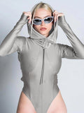 Women'WB shield Cut Out Drawstring Hooded Bodysuit, Street Fashion Long Sleeve Bodysuit For Daily Outdoor Wear, Women'WB...