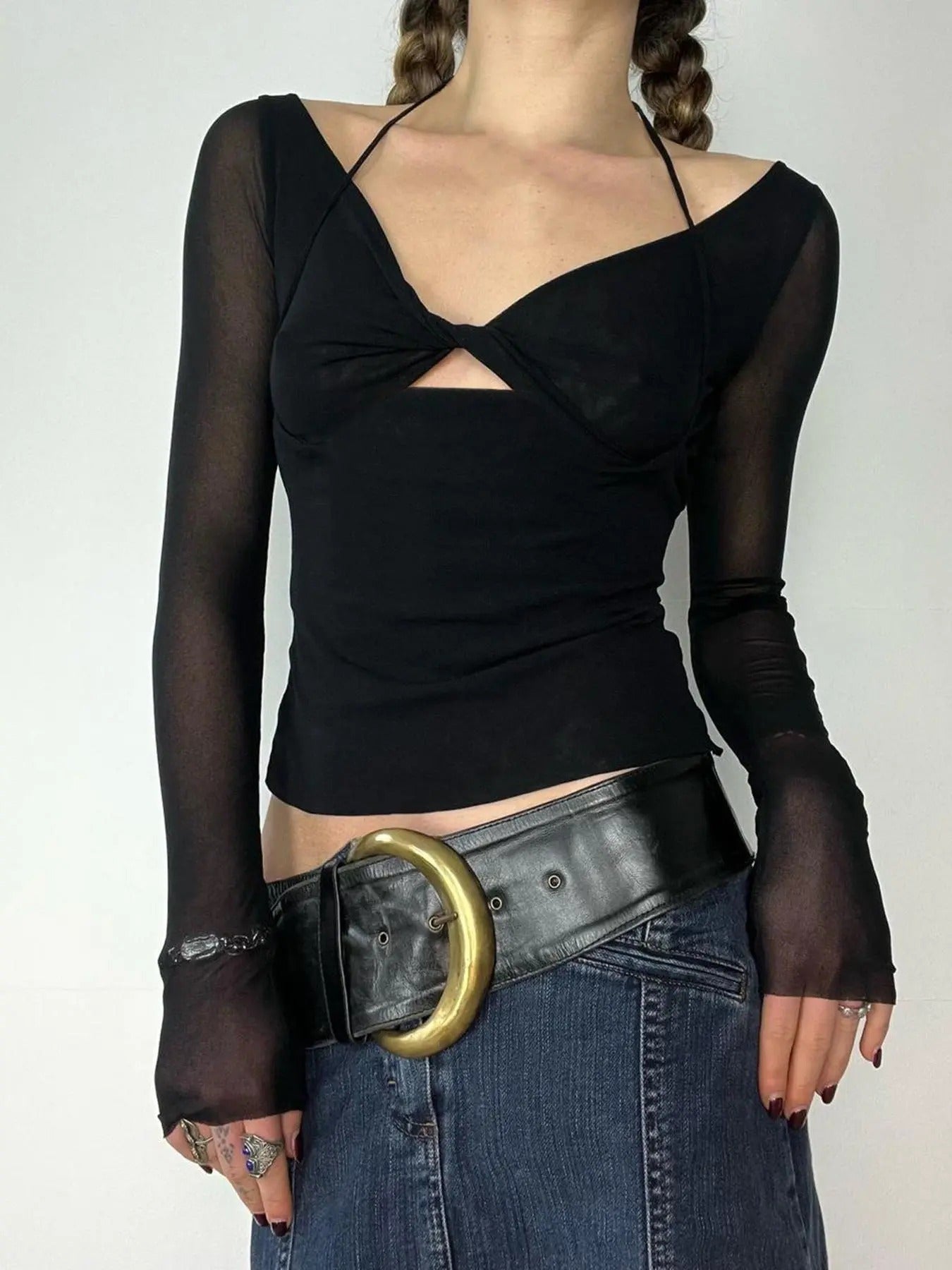 Women'WB shield Cut Out Twist Sheer Tulle Halter Top, Sexy Fashion Long Sleeve T-shirt for Fall, Women'WB shield Clothing...