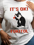Women'WB shield Cute Cat & "Mouthless cat'WB shield OK!" Letter Print Round Neck Tee, Fashion Casual Crew Neck Short...
