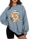 Women'WB shield Cute Cat & Butterfly Print Drop Shoulder Sweatshirt, Casual Long Sleeve Round Neck Pullover for Daily...