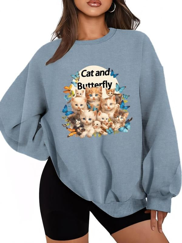 Women'WB shield Cute Cat & Butterfly Print Drop Shoulder Sweatshirt, Casual Long Sleeve Round Neck Pullover for Daily...