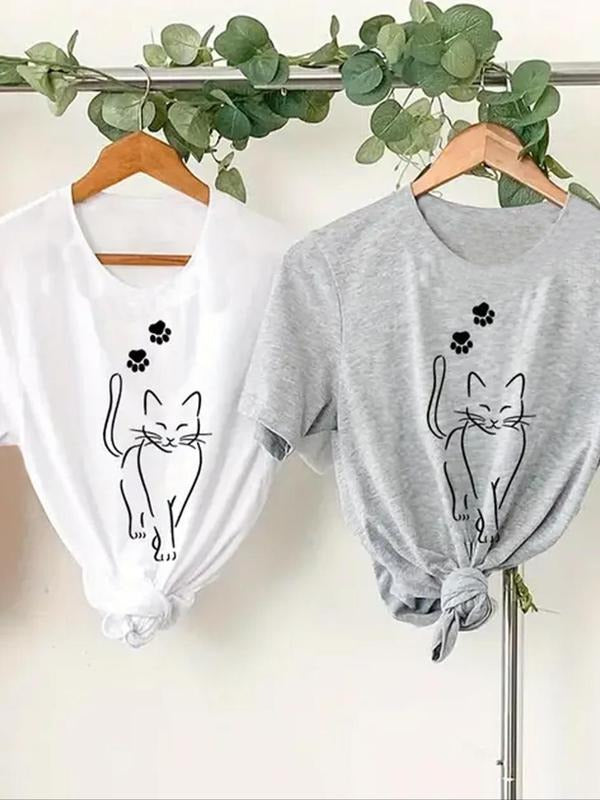 Women'WB shield Cute Cat & Paw Print Short Sleeve Tee, Casual Round Neck T-Shirt for Spring & Fall, Ladies TNF for Daily...
