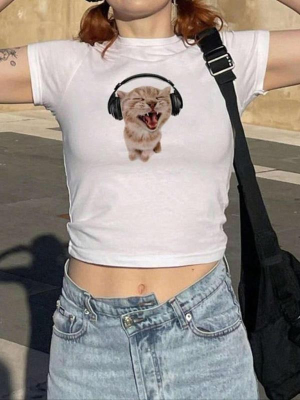 Women'WB shield Cute Cat Print Round Neck Crop Tee, Fashion Casual Short Sleeve T-shirt for Summer, Ladies TNF for Daily...