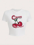 Women'WB shield Cute Cherry & Letter Print Round Neck Crop Tee, Graphic Tees, Casual Trendy Short Sleeve T-Shirt For...