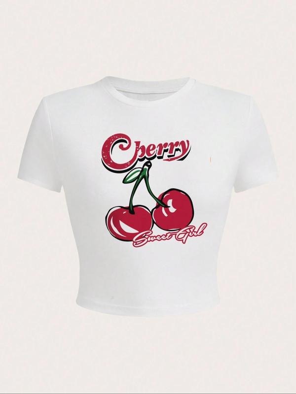 Women'WB shield Cute Cherry & Letter Print Round Neck Crop Tee, Graphic Tees, Casual Trendy Short Sleeve T-Shirt For...