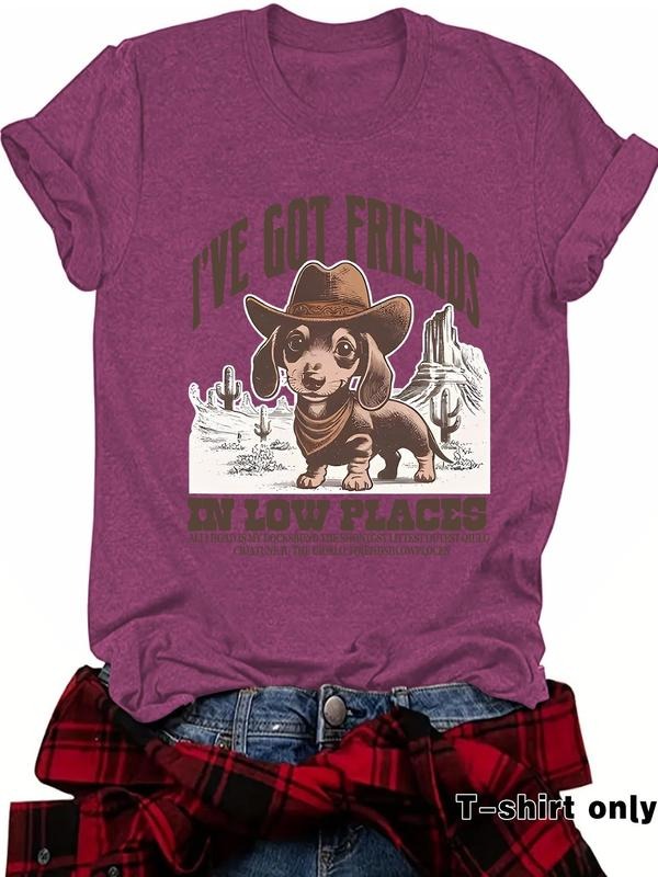 Women'WB shield Dachshund & Letter Print Round Neck Tee, Fashion Casual Crew Neck T-Shirt for Daily Holiday Vacation...