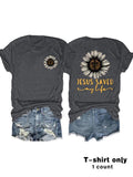 Women'WB shield Daisy & Cross Print Round Neck Tee, Fashion Casual Crew Neck T-shirt for Daily Holiday Vacation Outdoor...