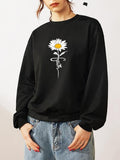 Women'WB shield Daisy & Letter Print Drop Shoulder Sweatshirt, Casual Long-Sleeve Round Neck Pullover For Fall & Winter,...