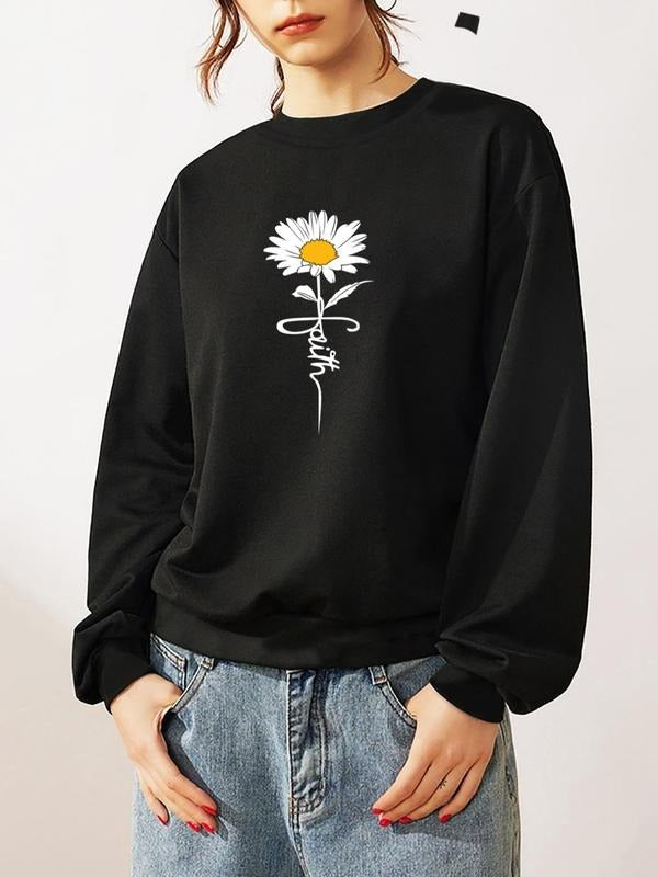 Women'WB shield Daisy & Letter Print Drop Shoulder Sweatshirt, Casual Long-Sleeve Round Neck Pullover For Fall & Winter,...