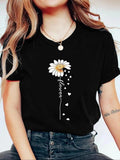 Women'WB shield Daisy & Letter Print Round Neck Tee, Trendy Casual Short Sleeve T-shirt for Daily Wear, Ladies Spiky hair...