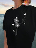 Women'WB shield Dandelion & Butterfly Print Round Neck Tee, Casual Short Sleeve Crew Neck T-shirt for Summer, Fashion...