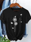 Women'WB shield Dandelion & Butterfly Print Round Neck Tee, Casual Short Sleeve Crew Neck T-shirt for Summer, Women'WB...
