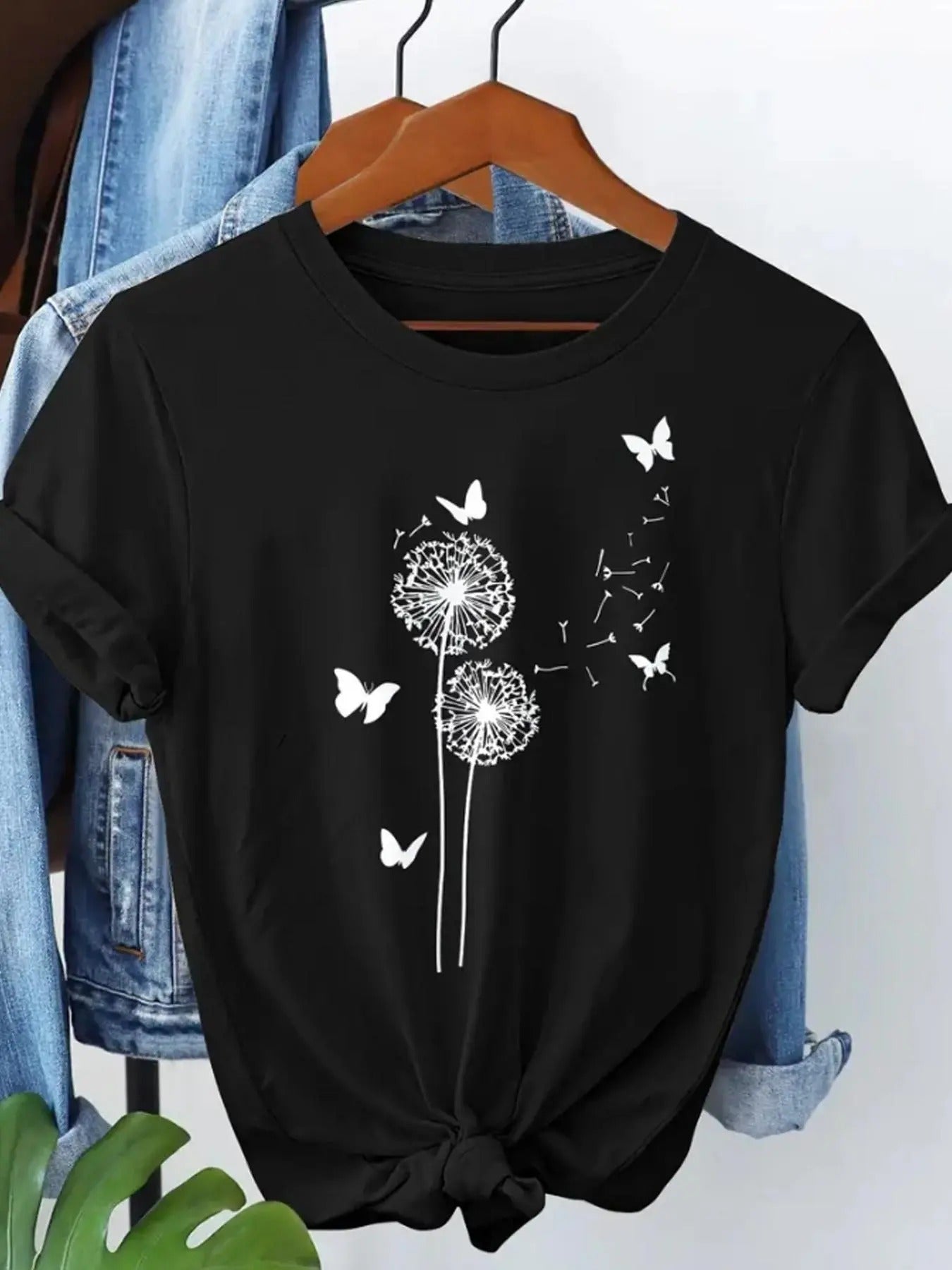 Women'WB shield Dandelion & Butterfly Print Round Neck Tee, Casual Short Sleeve Crew Neck T-shirt for Summer, Women'WB...