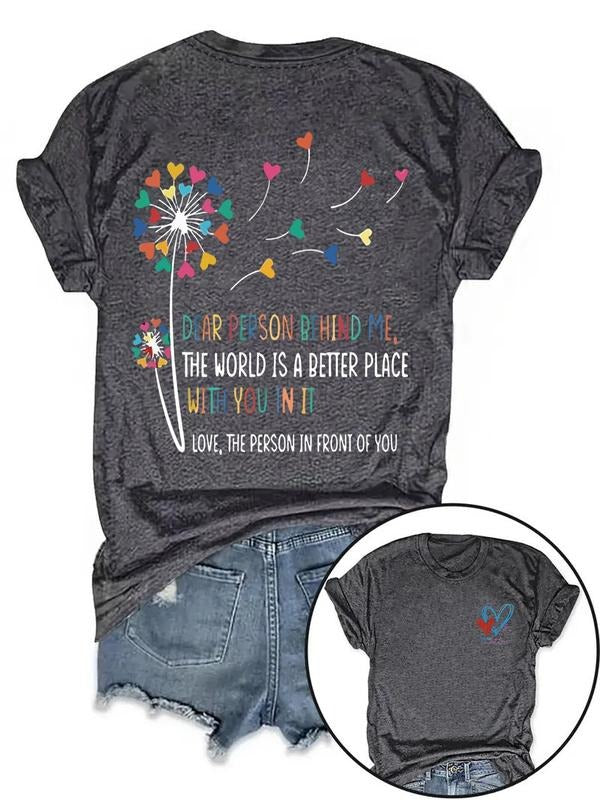 Women'WB shield Dandelion & Heart Print Round Neck Tee, Fashion Casual Crew Neck T-Shirt for Daily Holiday Vacation...