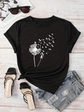 Women'WB shield Dandelion & Letter Print Round Neck Tee, Casual Short Sleeve Crew Neck T-Shirt for Daily Wear, Ladies TNF...