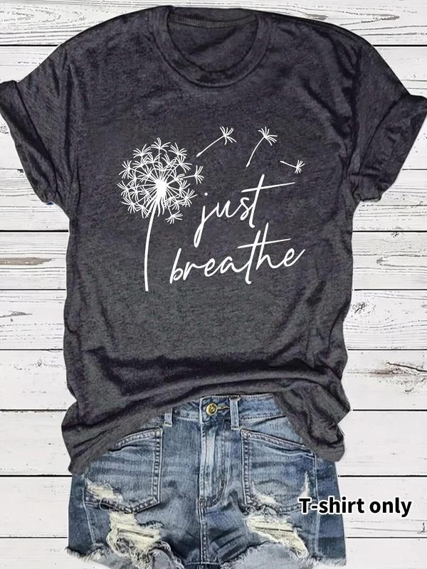 Women'WB shield Dandelion & Letter Print Round Neck Tee, Fashion Casual Crew Neck T-Shirt for Daily Holiday Vacation...