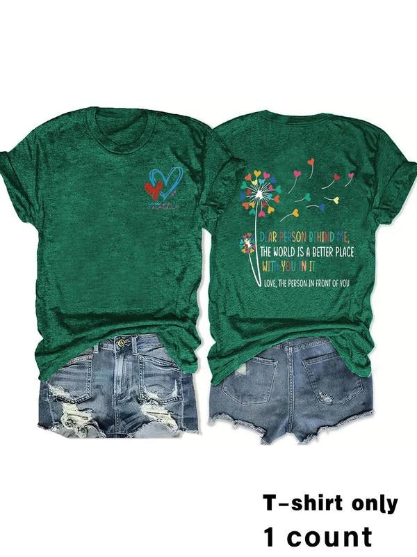Women'WB shield Dandelion & Letter Print Round Neck Tee, Fashion Casual Crew Neck T-shirt for Daily Holiday Vacation...