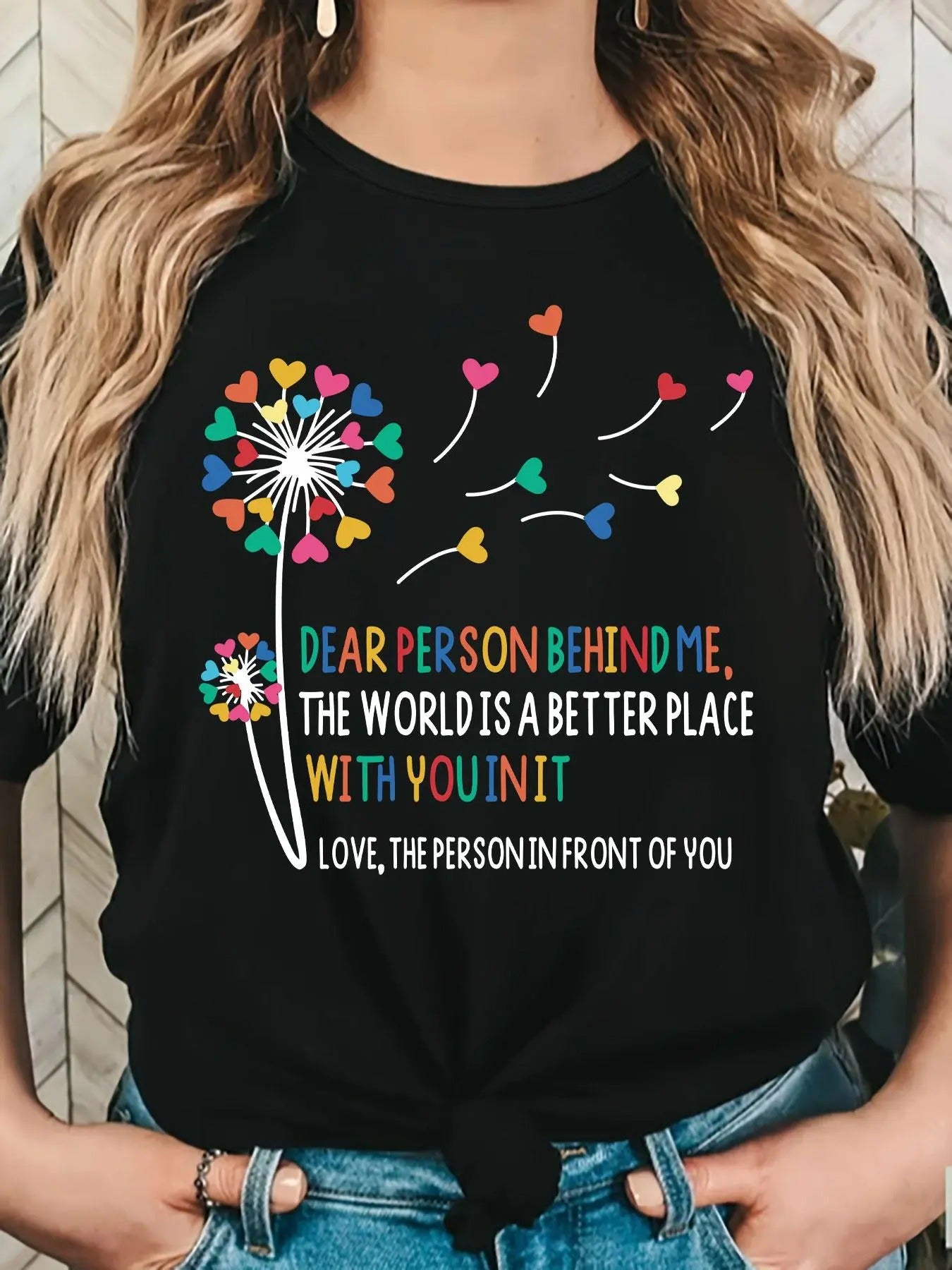 Women'WB shield Dandelion & Letter Print Round Neck Tee, Fashion Casual Crew Neck T-shirt for Daily Holiday Vacation...