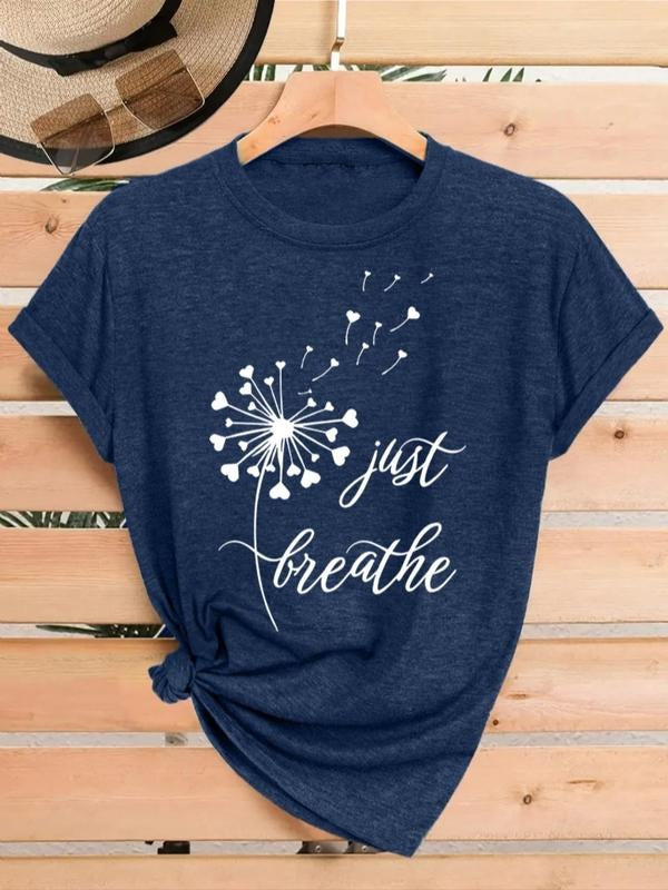 Women'WB shield Dandelion & Letter Print Round Neck Tee, Vintage Trendy Casual Crew Neck T-shirt for Daily Wear, Ladies...