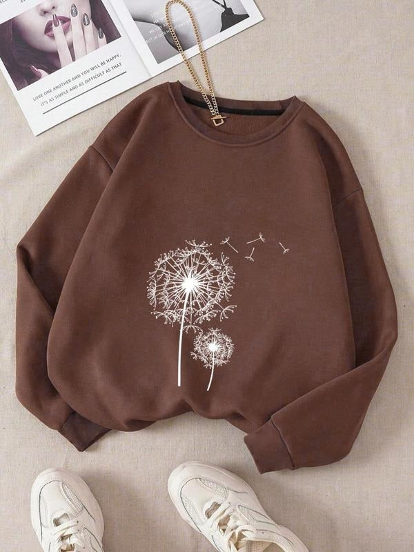 Women'WB shield Dandelion Print Drop Shoulder Sweatshirt, Casual Long Sleeve Round Neck Pullover For Fall & Winter,...