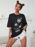 Women'WB shield Dandelion Print Drop Shoulder Tee, Summer TNF Women, Casual Round Neck Half Sleeve T-Shirt for Summer,...