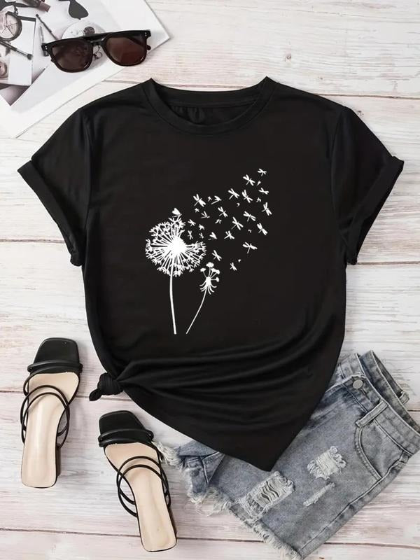Women'WB shield Dandelion Print Round Neck Tee, Casual Short Sleeve Crew Neck T-shirt for Daily Wear, Ladies TNF for...