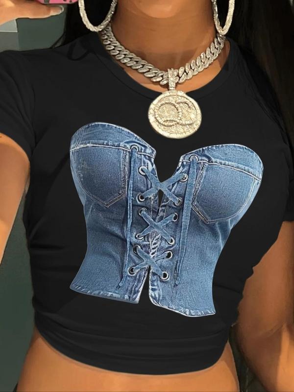 Women'WB shield Denim Corset Print Crop Graphic Tee, Fashion Casual Round Neck Short Sleeve T-shirt for Daily Holiday...