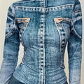 Women'WB shield Denim-effect Print Tee, Casual Long Sleeve Collared T-shirt for Daily Wear, Ladies TNF for Spiky hair...